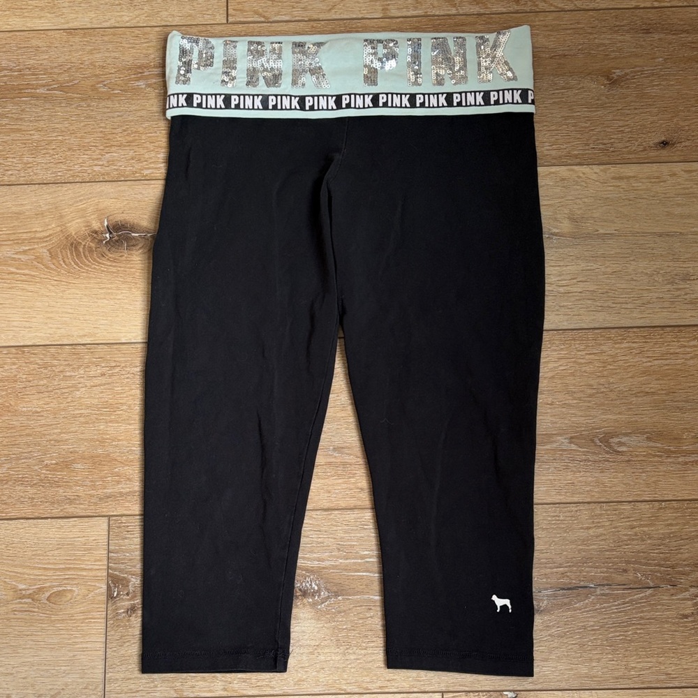 PINK Victorias Secret Y2K Bling Low Rise Black Capri Fold over Leggings Sequin M